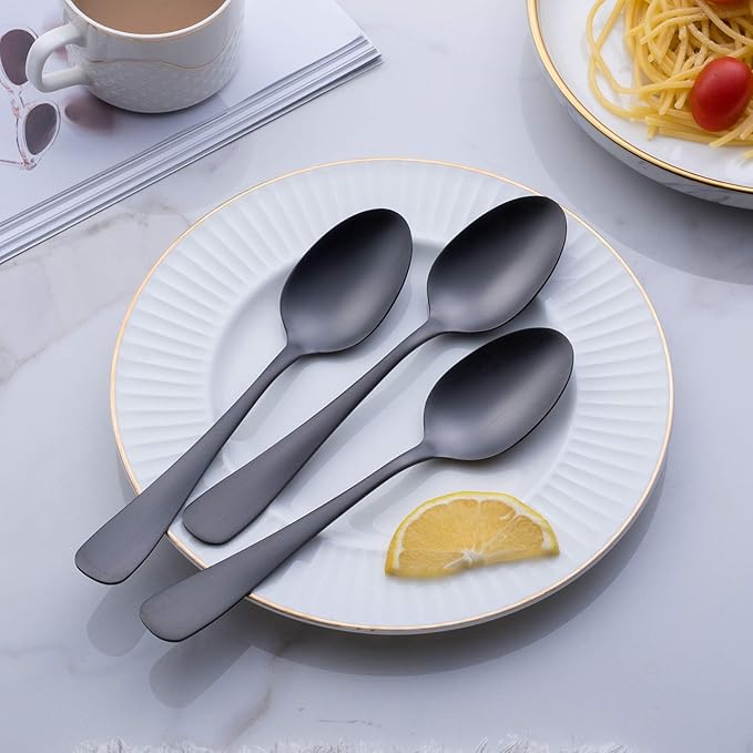 Matte Black Dinner Spoon, GoGeiLi Stainless Steel Satin Finish 7.8-inch Silverware Flatware Spoon Set, Service for 6, Dishwasher Safe