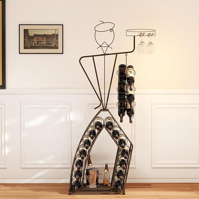 Wine Rack, Wine Bottle and Wine Glass Holder, Wrought Iron Wall-Mounted Wine Racks, Household Wine Accessories, Gifts for Lover, Gold/Black Home Decoration. (Black Gold, 20 Bottles)