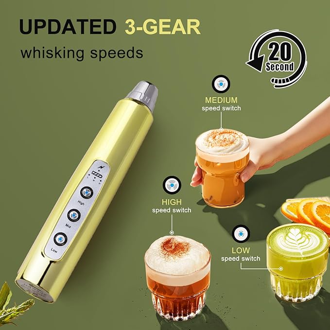 YUSWKO Champagne Gold Handheld Milk Frother Wand for Coffee, Rechargeable Electric Whisk with 3 Heads 3 Speeds Drink Mixer Coffee Frother For Latte, Cappuccino, Hot Chocolate, Egg