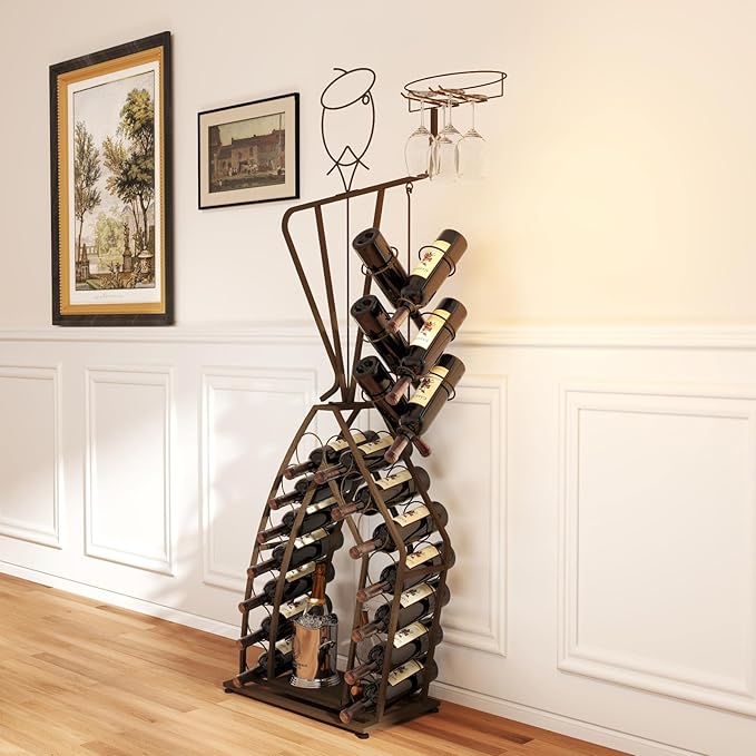 Wine Rack, Wine Bottle and Wine Glass Holder, Wrought Iron Wall-Mounted Wine Racks, Household Wine Accessories, Gifts for Lover, Gold/Black Home Decoration. (Black Gold, 20 Bottles)