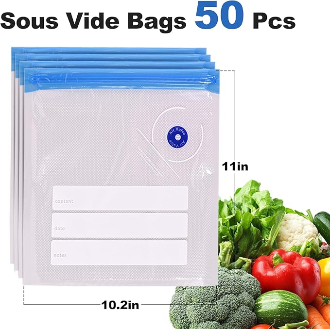 Sous Vide Bags, 50 PCS 10"X11" Reusable Vacuum Seal Bags for Food,Vacuum Zipper Sealer Bag, Sous Vide Cooking,Freezer Safe,Microwave Heating and Food Storage