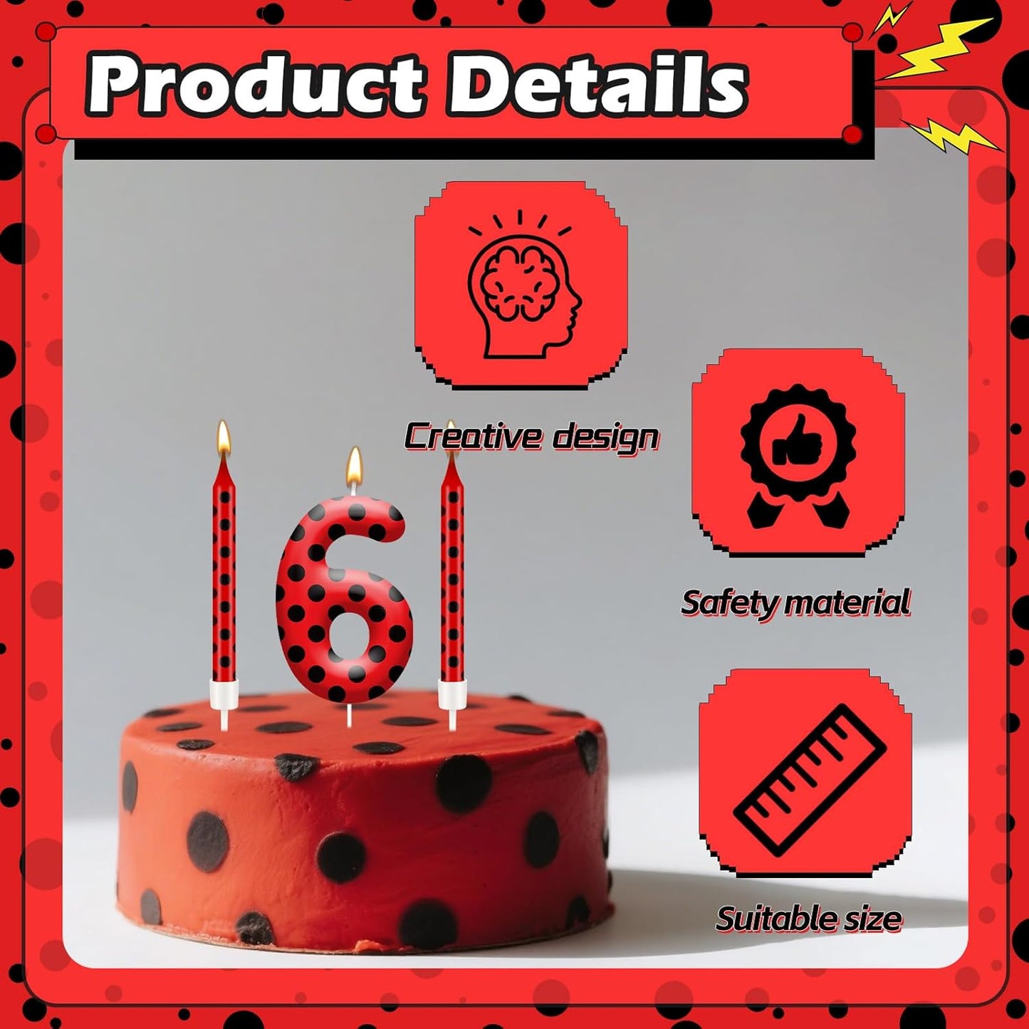 13PCS Ladybug Theme Birthday Candles Set - Red & Black Polka Dot Decorative Candles for Kids Ladybug Themed Parties, Baby Showers, Birthday Cakes, and Ladybird Inspired Celebrations(Number 6)