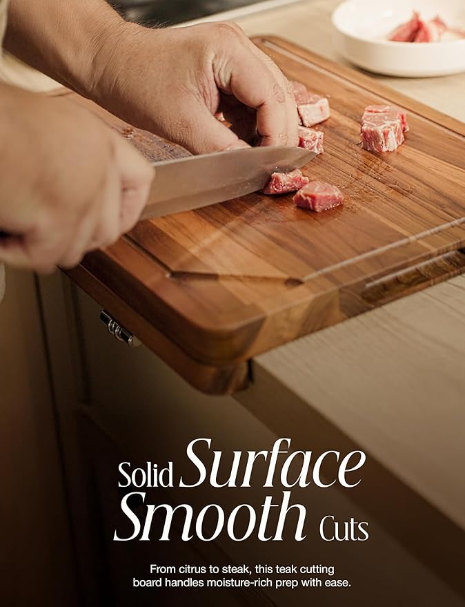 Teak Wood Cutting Board with Lip - 16” x 12” Wooden Chopping Boards for Kitchen - Serving Platter, Pastry Board, Wooden Cutting Board with Counter Lip, Handles - Teak, Juice Groove, Removable