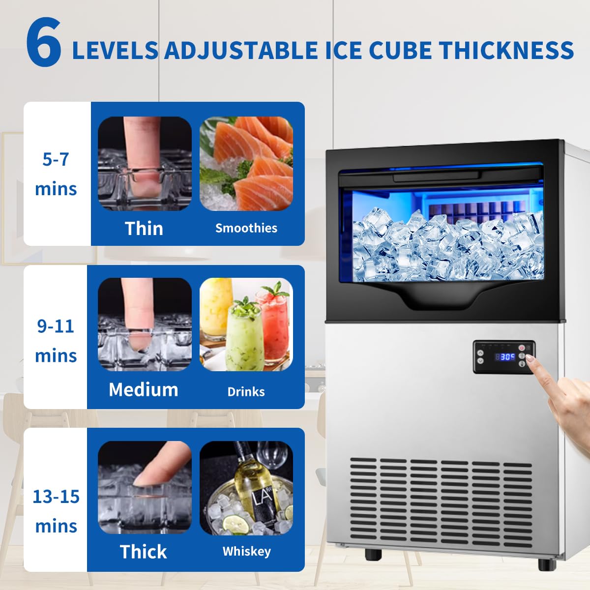 Commercial Ice Maker Machine, 100lbs/24H Stainless Steel Under Counter ice Machine with 22lbs Ice Storage Capacity, 6 Levels of Ice Thickness Adjustment, Ice Ready in 5-15 min