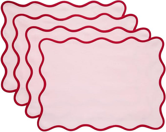 Solino Home Scallop Cloth Placemats Set of 4-100% Pure Linen Red and Pink Placemats 14 x 19 Inch - Giselle Scallop Edge, Handcrafted and Machine Washable
