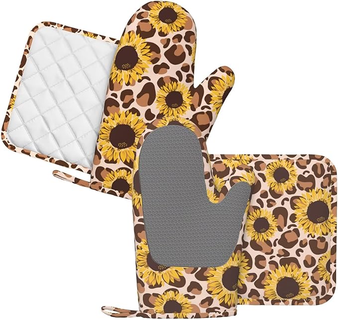 Sunflowers Leopard Print Oven Mitts and Pot Holders Set of 4 Silicone Kitchen Mitten Gloves and Non-Slip Sunflower Leopard Print Potholders Set Heat Resistant Oven Gloves Hot Holders for BBQ