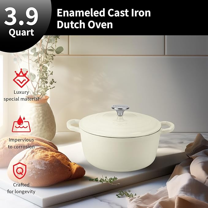 Enameled Cast Iron Dutch Oven Pot with Lid, 3.9 Quart Dutch Oven for Bread Baking, Oven Safe up to 500° F, Suitable for Bread Baking, Braising, Roasting, Stews, White