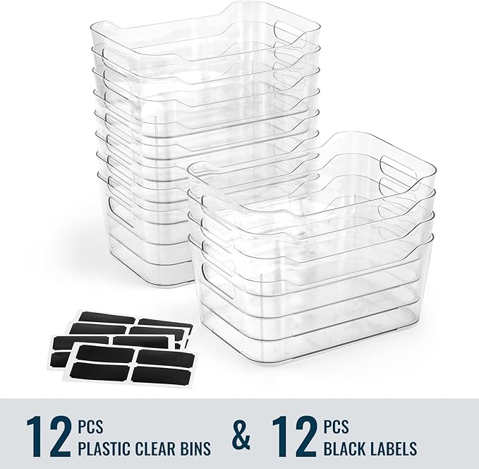 12 PACK Multi-Use Clear Plastic Storage Bins for Organizing w/ Labels - Home, Kitchen, Bathroom, Office, Pantry Cabinet Shelf Organizer Bins - SOHO Collection, RV, Fridge Organization Containers