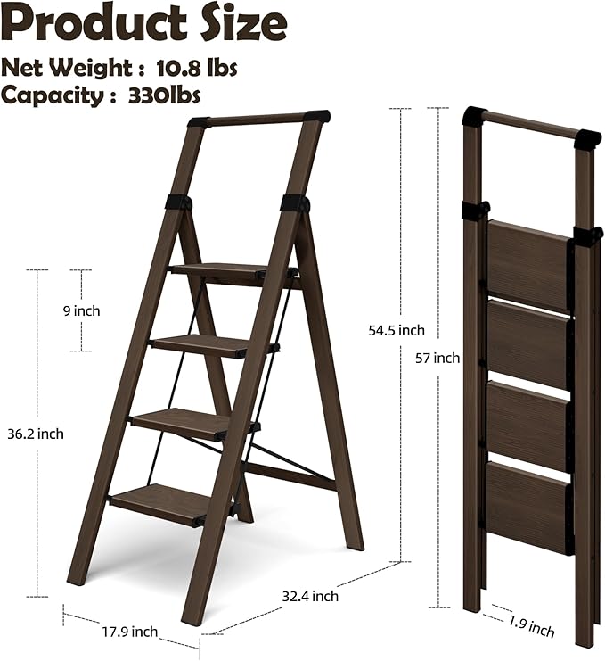 HillhutApex 4 Step Foldable Aluminum Step Ladder with Handgrip, Anti-Slip Pedal, 330lbs Capacity, Lightweight & Portable for Home, Kitchen, Office, Garage (Walnut)