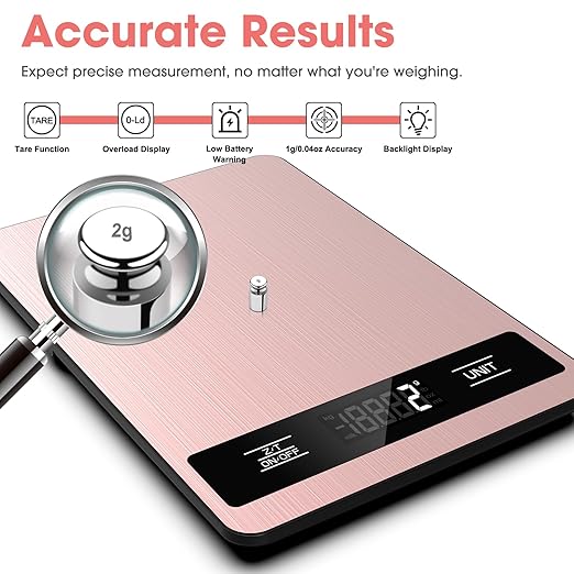 Food Scale, 11lb Digital Kitchen Scale Weight Grams and Ounces for Baking, Cooking and Meal Prep, 1g / 0.1oz Precise Graduation with 6 Units and Tare Function, LCD Display & Stainless Steel