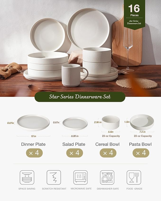 Famiware Star Dinnerware Set with Pasta Bowls, Service for 4 (16pcs), Ribbed Stoneware Plates and Double Bowls Dishes Sets - Chip & Scratch Resistant, Microwave & Dishwasher Safe, Matte White