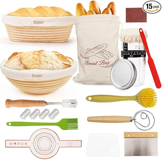 Sourdough Bread Kit - 9" & 10" Banneton Baskets, Bread Lame, Dough Scraper, Silicone Sling - Artisan No-Knead & Dutch Oven Baking Starter Set (Set 1)