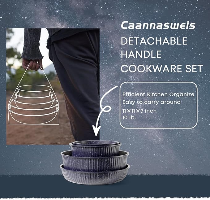 Caannasweis Detachable Nonstick Cookware Set - Stackable Induction Pots and Pans With Removable Handles, Dishwasher Safe - For RV Camping, Oven and Stovetop Use, 5 Pieces (Starry Sky)