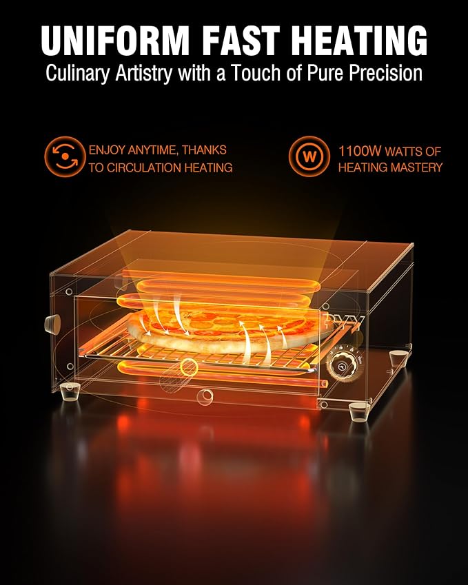 PYY Pizza Oven Electric - 12 Inch Tabletop Pizza Oven Indoor Stainless Steel Professional Pizza Cooker Baker Countertop with Timer & Crumb Tray for Home Restaurant 1100W,Black