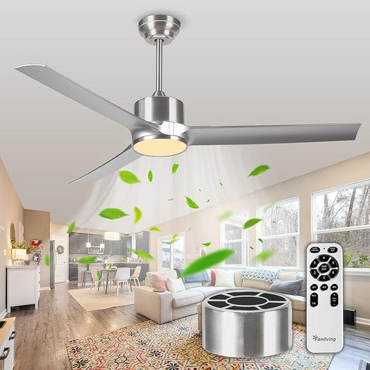 52 Inch Modern Silver Ceiling Fan with Filters Lights Remote Control, Quiet DC Motor/Dimmable 3 Color LED/6 Speed High CFM/3 Blade Indoor Ceiling Fans for Bedroom/Living Room