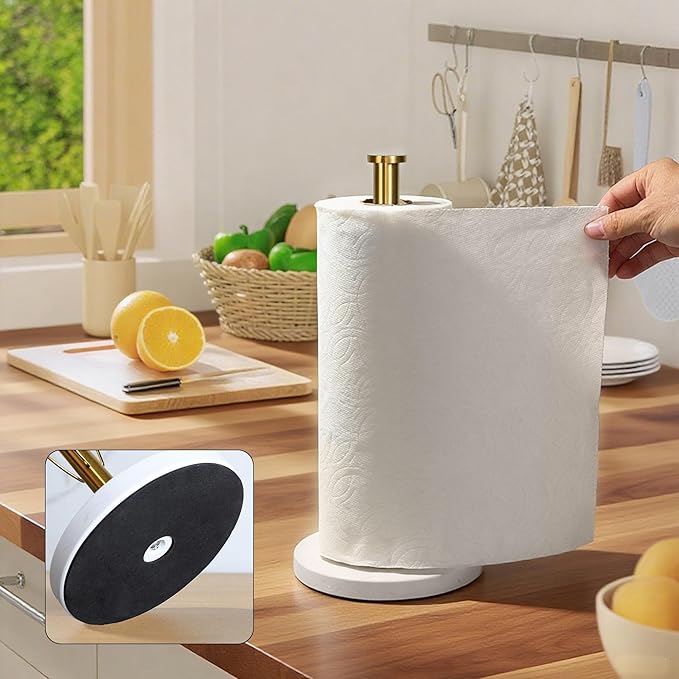 YIGII Marble Base Gold Paper Towel Holder Countertop - Standing Paper Towel Roll Holder with Weighted Base, Papertowel Holder for Kitchen, White Marble & Golde Rod