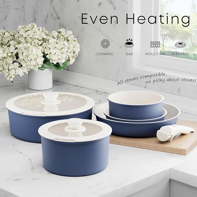 Caannasweis Detachable Nonstick Cookware Set - Stackable Induction Pots and Pans With Removable Handles, Dishwasher Safe - For RV Camping, Oven and Stovetop Use, 5 Pieces (Blue)