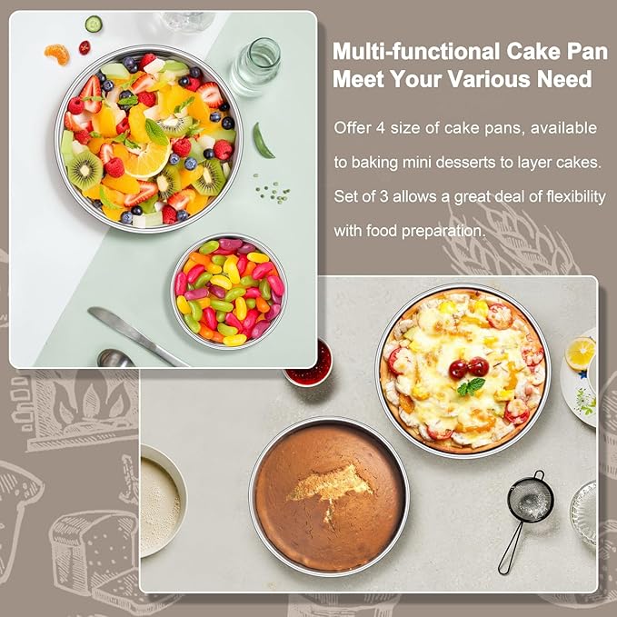 Homikit Round Cake Pan Set of 3, 9-Inch Stainless Steel Cake Tins Bakeware for Baking Layer Smash Birthday Cake，Oven, Pressure Cooker & Dishwasher Safe