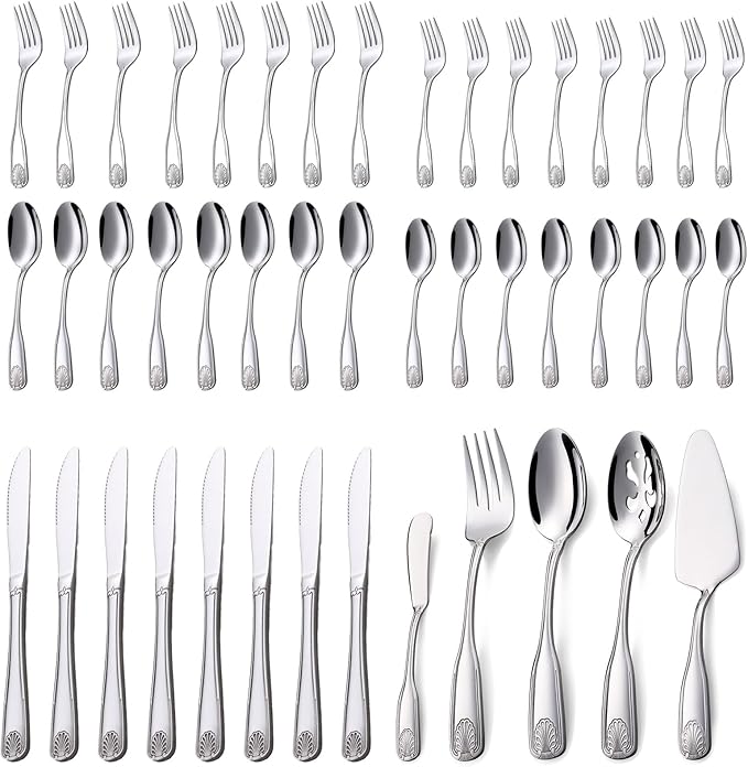 45 Pieces Silverware Set with Serving Utensils, Stainless Steel Flatware Serving Set for 8, Dinnerware Cutlery Set, Shell Pattern & Mirror Polished, Dishwasher Safe
