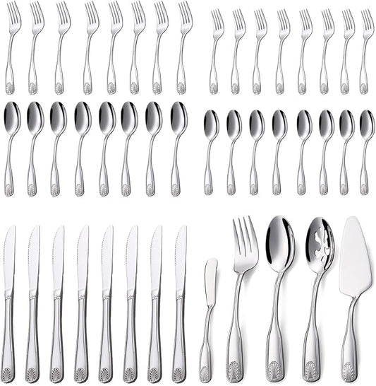45 Pieces Silverware Set with Serving Utensils, Stainless Steel Flatware Serving Set for 8, Dinnerware Cutlery Set, Shell Pattern & Mirror Polished, Dishwasher Safe