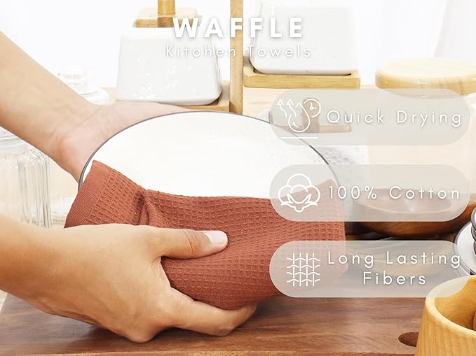 PurpleEssences Rust Waffle Weave Kitchen Towel, 100% Cotton 15x25 Inches, with Hanging Loop Soft Absorbent Quick Drying Dish Cloth, Tea and Hand Towels, 6 Pack - Christmas Holiday Winter - Rust