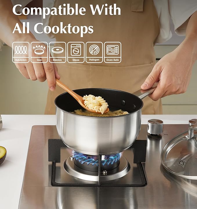 KOCH SYSTEME CS Stainless Steel Saucepan Set, 1QT & 2QT & 3QT Stainless Steel Sauce Pan with Nonstick Coating, Induticon Sauce Pan Sets with Lids, Easy to Clean, Oven Safe
