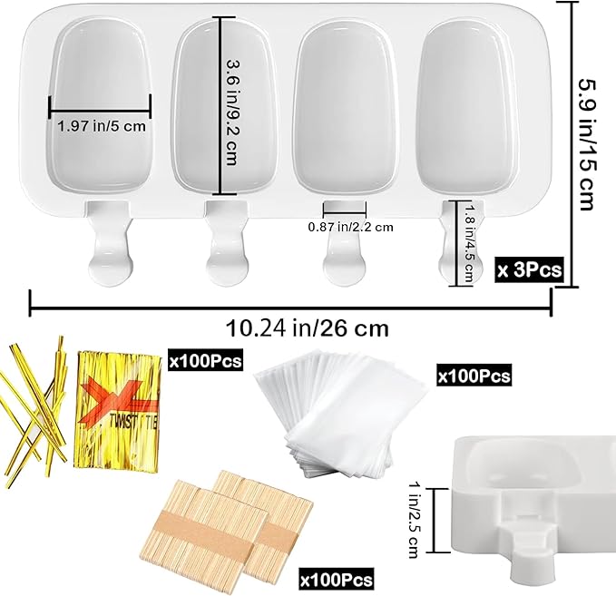 3pcs Large Silicone Popsicle Molds Set,BZIDII 4 Cavities Cake Pop Molds,Oval Ice Cream Bar Mold Ice Pop Cakesicle Molds Silicone with 100 Wooden Sticks & 100 Bags &100 Twist Ties(White)