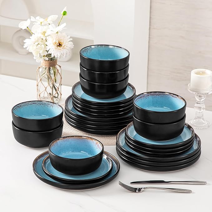 vancasso Plates and Bowls Sets, 24 Pieces Stoneware Dinnerware Sets for 8, Kitchen Dish Set Mircowave and Dishwasher Safe Dinner Set Ceramic Dishware, Sky Blue, Series AMBER