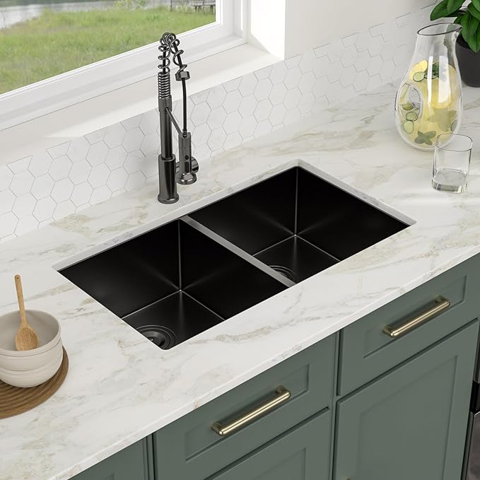 Logmey 33 Inch Double Bowl Undermount Kitchen Sink 33x19x9 Inch 50/50 Gunmetal Black Nano Coating Stainless Steel 16 Gauge Handmade Kitchen Sink