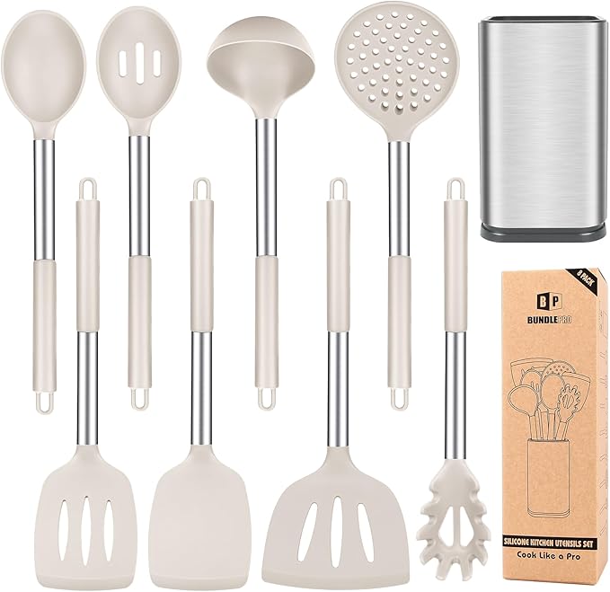 Silicone Cooking Utensil Set, 8Pcs Non-stick Cookwares with Stainless Steel Handle, BPA Free Heat Resistant Kitchen Tools with Spatulas, Turners, Spoons, Skimmer and Pasta Fork (KHAKI)