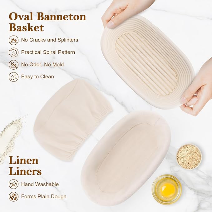 10 Inch Bread Banneton Proofing Basket Set of 4 Oval Sourdough Bread Baking Supplies Rattan Banneton Dough Proofing Bowls with Liners Sourdough Starter Kit for Home Dough Making and Baking