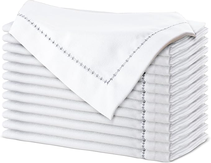 Urban Villa Cloth Napkin Set of 12 Hemstitch White Grey 20x20 Inches Premium Soft Cotton Highly Absorbent Reusable & Washable Dinner Table Napkins for Home and Weddings