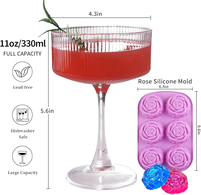 11oz Large Vintage Coupe Glasses Set of 6,Ribbed Cocktail Glasses,Classic Espresso Martini Glasses,Margarita and Champagne Glasses for Bar,Wine,Dessert,Cocktail Glassware Gift Set