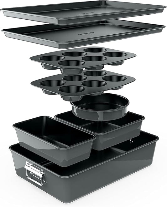 NutriChef 8-Piece Nonstick Stackable Bakeware Set - PFOA, PFOS, PTFE Free Baking Tray Set w/Non-Stick Coating, 450°F Oven Safe, Round Cake, Loaf, Muffin, Wide/Square Pans, Cookie Sheet (Gray)