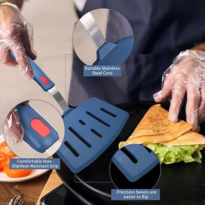 Silicone Spatula Turner, High Heat Resistant Rubber Baking Spatula, Non-Stick Slotted Wide Fish Slice Spatulas for Cooking, Large Kitchen Utensil for Pancake Omelette Egg - Hazy Blue