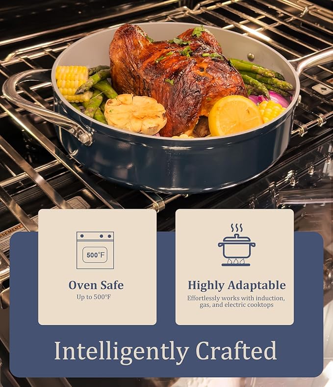 Nonstick Ceramic Sauté Pan with Lid (4.5 qt, 11") Deep Frying Pan for All Cooktops, Non Toxic Skillet PTFE/PFAS Free, Oven Safe up to 500°F w/Stainless Steel Stay-Cool Handle, Caribbean Blue