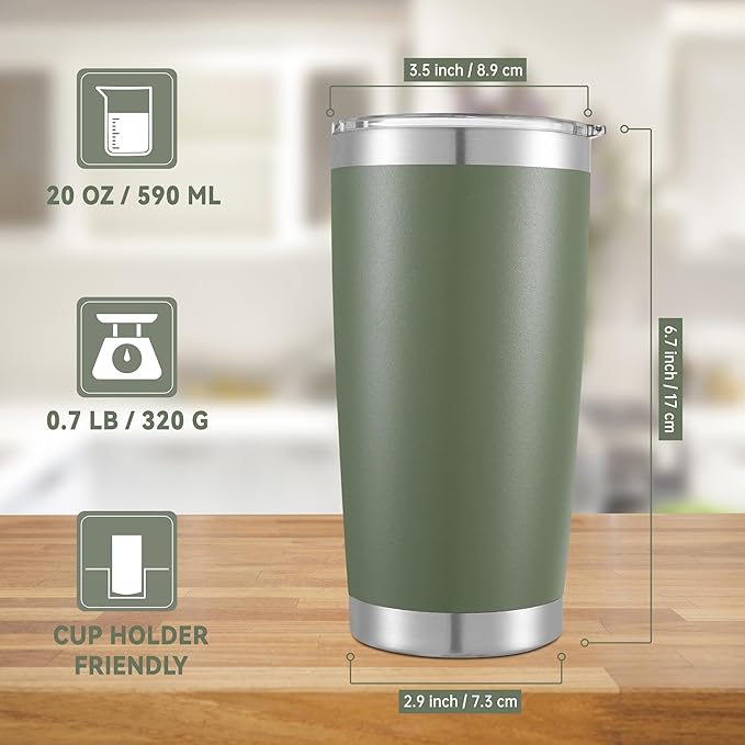 20 oz Tumblers Bulk Stainless Steel Tumbler with Lid Double Wall Vacuum Insulated Coffee Mug 20oz Powder Coated Cup for Hot and Cold Drinks, Army Green, 12 pack