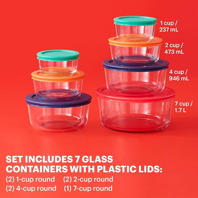 Pyrex Simply Store (7-Pack) Glass Food Storage Containers Set, (1, 2, 4 & 7 Cup) Meal Prep Containers With BPA-Free Lids, Dishwasher & Microwave Safe