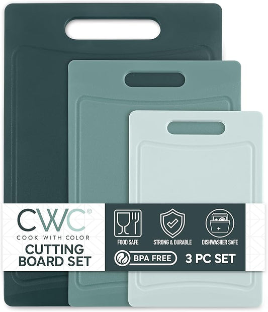 COOK WITH COLOR Non-Slip Cutting Board Set – Kitchen Essentials with Easy Grip Handle for Meat, Veggies, and Fruits, 3 Cutting Boards, Teal