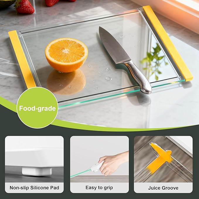 Tempered Glass Cutting Board Set for Kitchen Counter - Dishwasher Safe with Juice Grooves, Non-Slip Silicone Edges & Beveled Grip - 16"x12" & 12"x8" Serving Tray (Yellow)