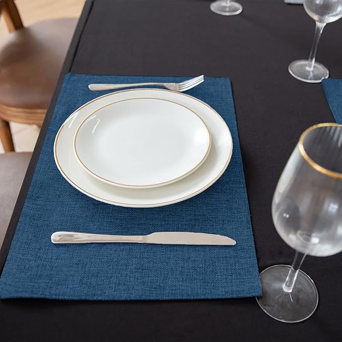 Linen Fabric Placemats Set of 6, Machine Washable, Heat Resistant, Wrinkle Free, Thick Polyester Kitchen Place Mats for Dining Table (Navy Blue)