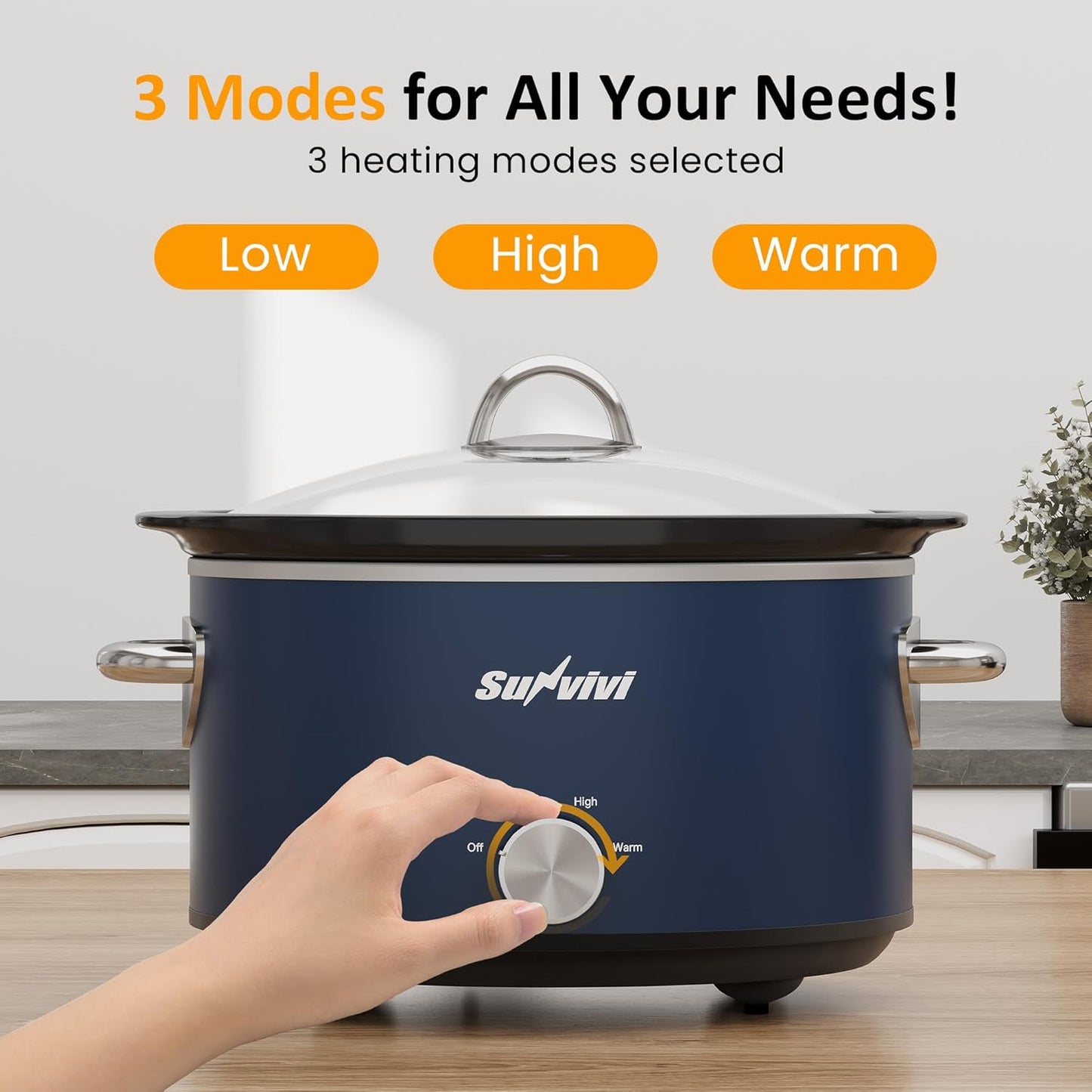Sunvivi 4 Quart Slow Cooker & Mini Food Warmer with 3 Heating Settings, Removable Ceramic Pot, Dishwasher Safe Glass Lid, Stainless Steel, Blue