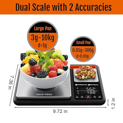 Dual Platform Digital Kitchen and Food Scale 0.01g/300g & 1g/10kg，Digital Weight Grams and Oz，Black with Stainless Steel