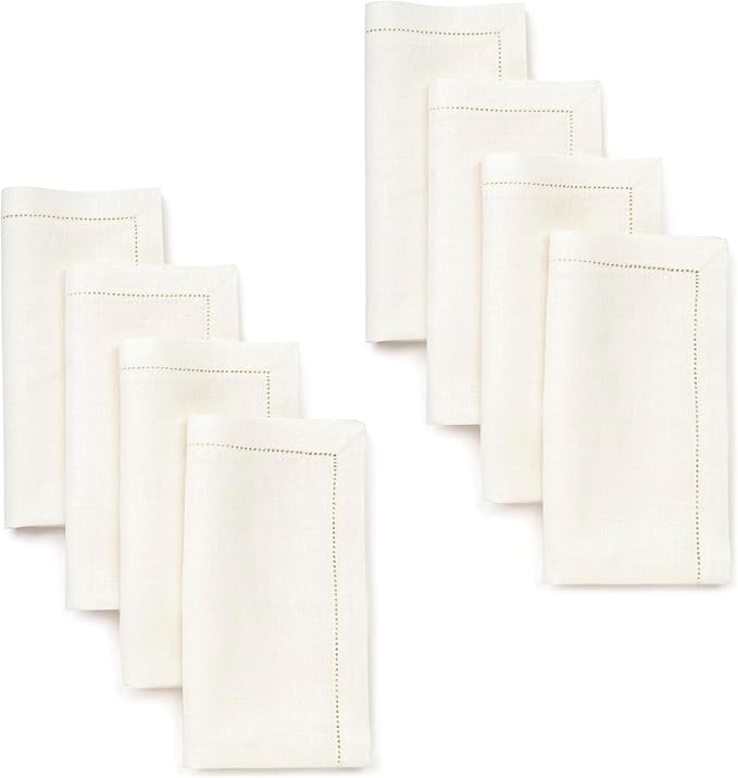 D'Moksha Homes Ivory Linen Napkins Set of 8 - Classic Hemstitch 100% Pure Linen Hemstitch Dinner Napkins 20 x 20 Inch for Fall, Thanksgiving, Christmas, Holiday - Handcrafted and Machine Washable