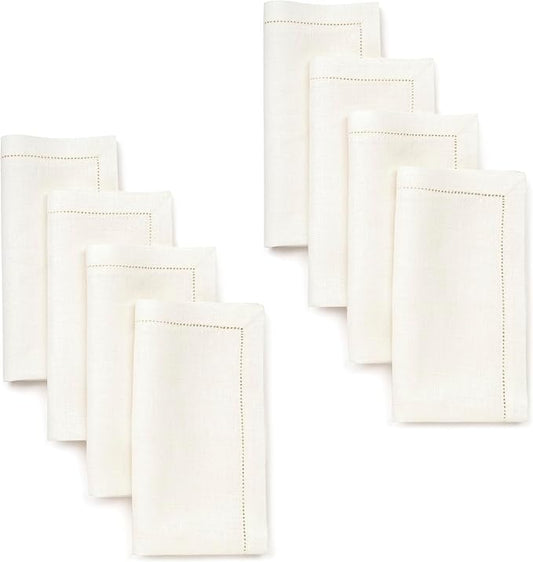 D'Moksha Homes Ivory Linen Napkins Set of 8 - Classic Hemstitch 100% Pure Linen Hemstitch Dinner Napkins 20 x 20 Inch for Fall, Thanksgiving, Christmas, Holiday - Handcrafted and Machine Washable