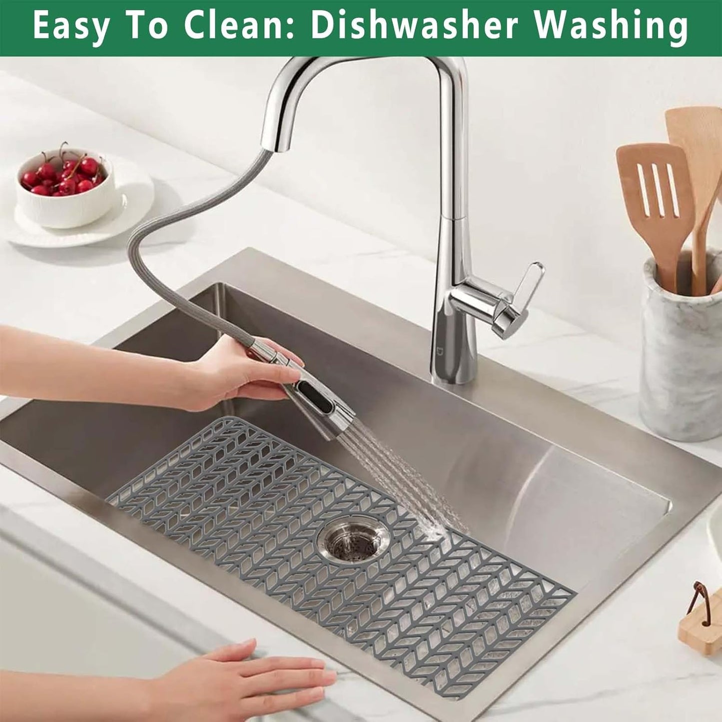 GUUKIN Sink Protectors for Kitchen Mat -30"x 16" Silicone Kitchen Sink Mat Grid for Bottom of Farmhouse Stainless Steel Porcelain with Rear Drain（Grey