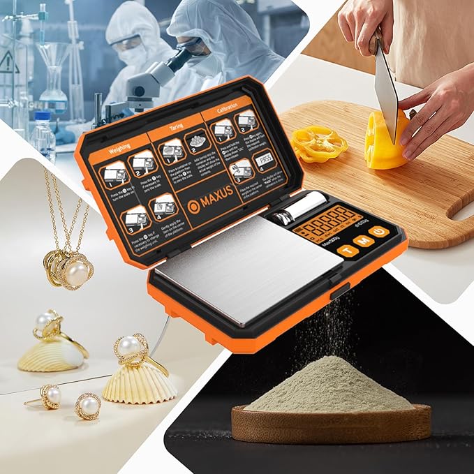 MAXUS 500g x 0.01g Digital Gram Scale with USB and Battery Power, Precision Pocket Scale with 50g Calibration Weight and Self-Sealing Cellophane Bags
