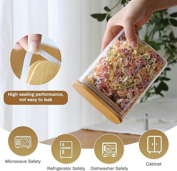 Liuruiyu Glass Storage Jars 12 * 8cm [Set of 6],Clear Glass Food Storage Containers with Airtight Bamboo Lid Stackable Kitchen Canisters for Candy,Cookie,Rice,Sugar,Flour,Pasta(Square)