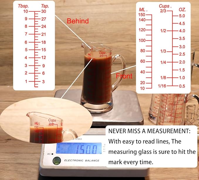 Ackers Glass Measuring Cup 5 Oz/150ml Shot Glass Measuring Cup with V-Spout,Insulated handle