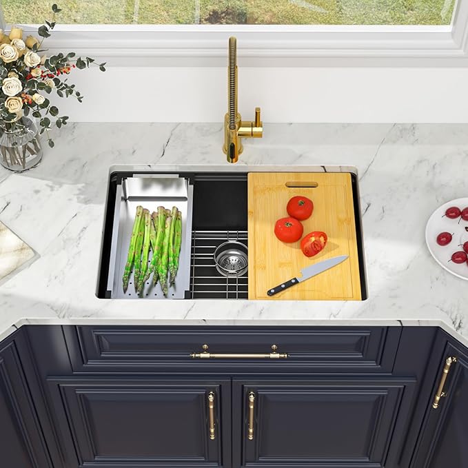 Kichae 28 inch Granite Composite Undermount Kitchen Sink - 28 x 19 Single Bowl Kitchen Sink Matte Black Quartz Workstation Kitchen Sink